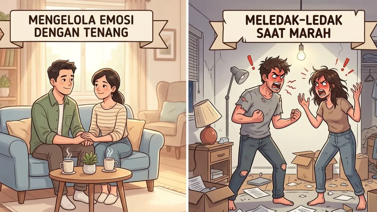 Ilustrasi sepasang pasangan yang dapat mengelola emosi dengan baik dan yang impulsif. (Radar Tuban/ AI)