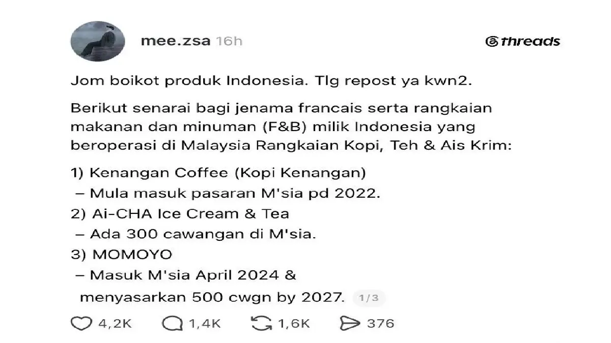 Netizen Malaysia ajak untuk boikot produk indonesia. (threads.com/mee.zsa)