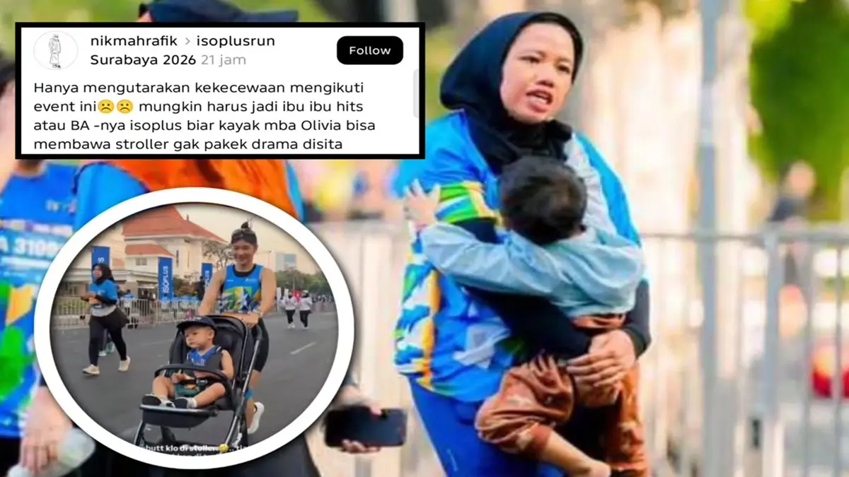 Peserta Surabaya ISOPLUS MARATHON 2026 harus menggendong anak akibat stroller disita. (instagram.com/mood.jakarta)