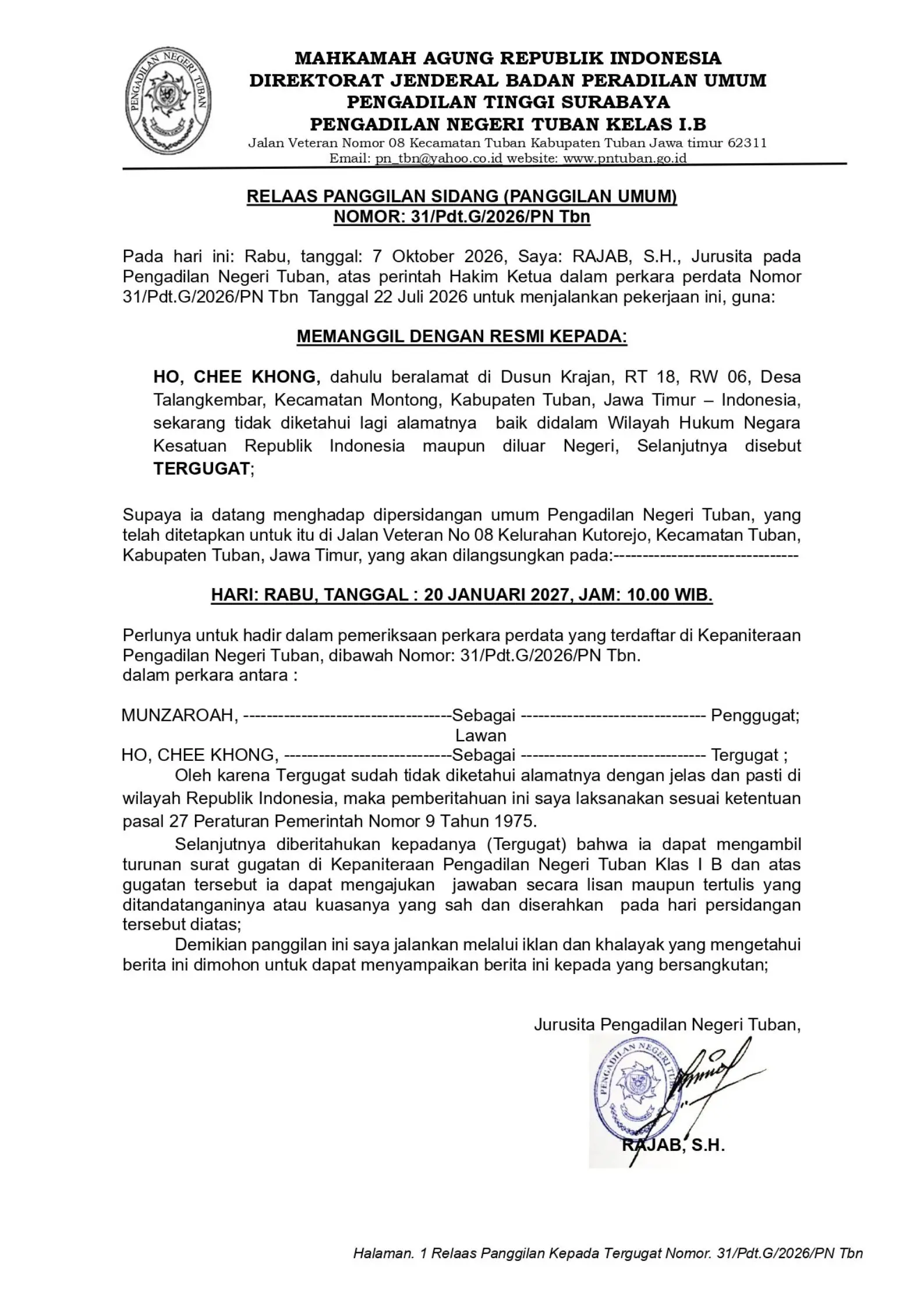 Relaas Panggilan Sidang (Panggilan Umum) Nomor: 31/Pdt.G/2026/PN Tbn Kepada: HO, CHEE KHONG