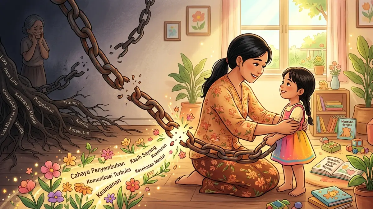 Ilustrasi orang tua yang memutus rantai trauma dari generasi sebelumnya. (Radar Tuban/ AI)