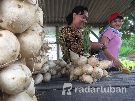 SUMRINGAH: Kasri saat melayani pembeli buah bengkoang di lapaknya di tepi jalan Bojonegoro--Jatirogo kemarin (28/3).