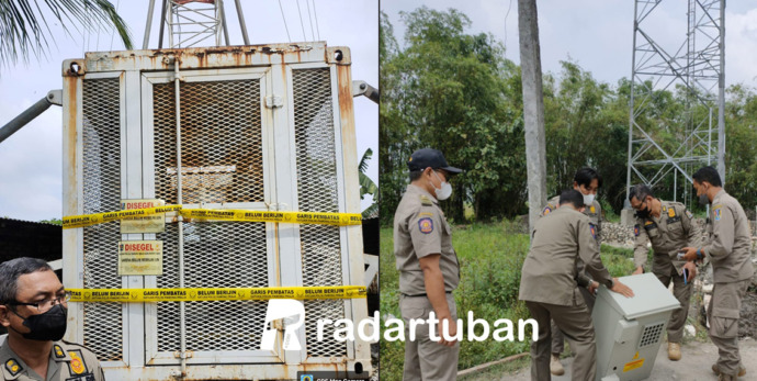 ILEGAL: Foto kiri, petugas saat menyegel tower di Desa Leranwetan, Kecamatan Palang kemarin (28/4). Foto kanan, petugas melakukan tindakan yang sama terhadap tower di Desa Kepohagung, Kecamatan Plumpang.