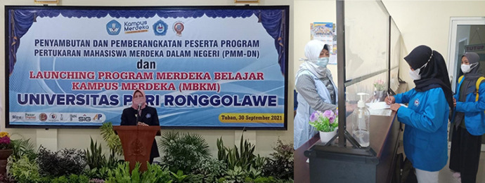 KAMPUS MERDEKA: Rektor Unirow, Prof. Dr. Supiana Dian Nurtjahyani, M.Kes saat sambutan dalam launching program MBKM. Foto kanan, Mahasiswa Unirow saat pencairan beasiswa.