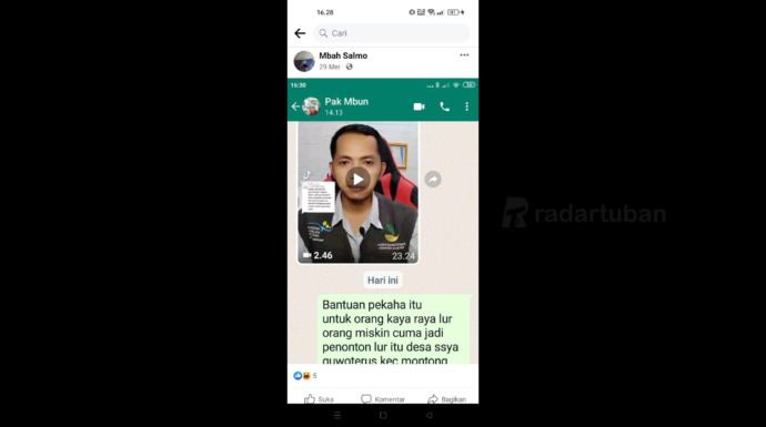 MENGELUH: Unggahan status Facebook Mbah Salmo yang menanyakan bantuan PKH yang dinilai tidak tepat sasaran.