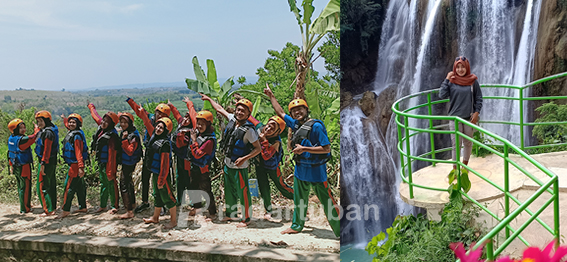 HIDUPNYA DESTINASI WISATA SETELAH PANDEMI: Salah satu pengunjung Tingkis Van Tuban berfoto dengan latar Air Terjun Nglirip.