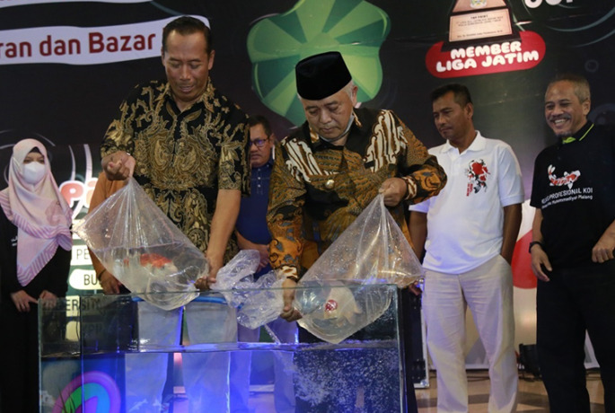 DORONG JIWA ENTREPRENEUR: Rektor UMM Dr. Fauzan, M.Pd. dan Bupati Malang Drs. Sanusi, MM. yang melaunching CoE Koi sekaligus membuka ajang Malang Koi Show.