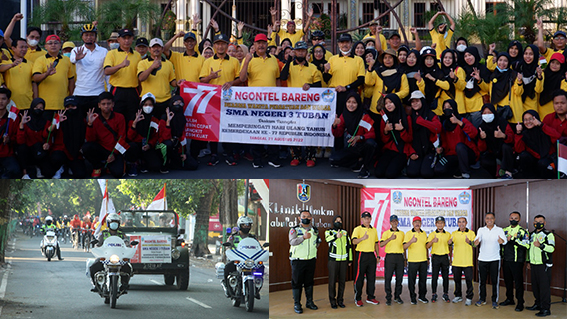 SEHAT BERSAMA: Ngonthel Bareng keluarga besar SMAN 3 Tuban, Dharma Wanita Persatuan (DWP), Pemkab Tuban, Forkopimka Semanding, dan Komite Sekolah yang dikawal oleh Satlantas Polres Tuban.