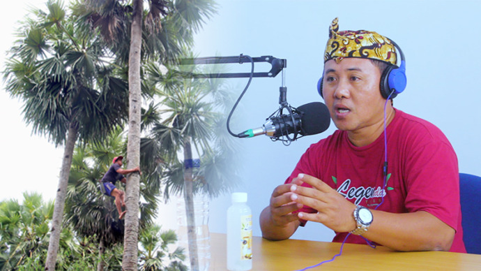 BERBAGI CERITA: Hadi Purwanto, produsen Legennda berbagi ilmu di Indepth Talk Podcast Radar Tuban terkait cara membedakan legen asli dan palsu. / Andhika Feriawan