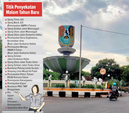 SALAH SATU TITIK SEKAT: Ujung utara Jalan Manunggal ini akan dijaga personel DLHP Tuban dan Satlantas Polres Tuban dari sore hingga malam Sabtu (31/12) nanti. (Yusab Alfa Ziqin/Radar Tuban)