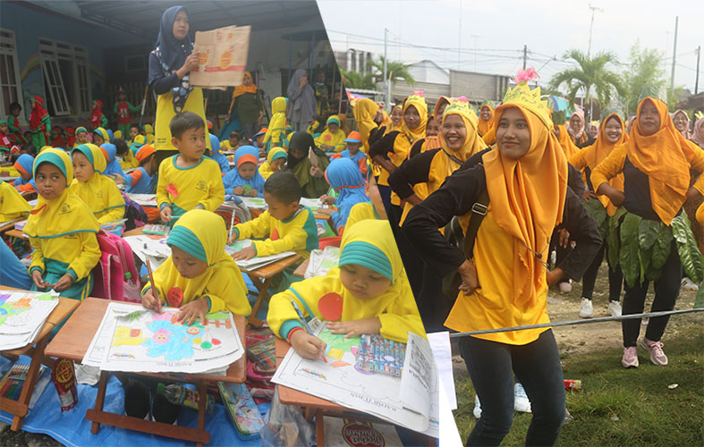 ASAH KEPERCAYAAN: Peserta lomba mewarnai media koran Jawa Pos Radar Tuban menunjukkan kemampuannya dalam mengekspresikan diri. Foto kanan, Para ibu peserta lomba mewarnai tampil totalitas dalam lomba tari lompat tali di lapangan Desa Sambonggede, Kecamata