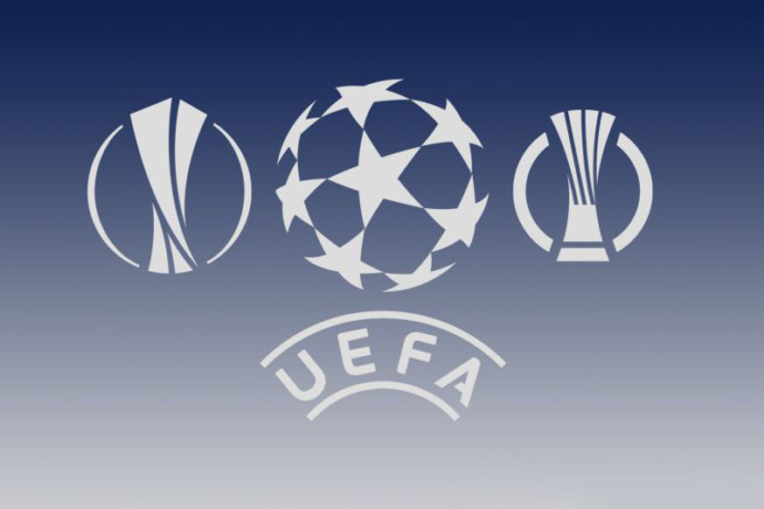 Ilustrasi logo tiga kompetisi klub Eropa yang bergulir musim 2021/22 yakni Liga Champions (tengah), Liga Europa (kiri) dan Liga Conference. (ANTARA/Gilang Galiartha)