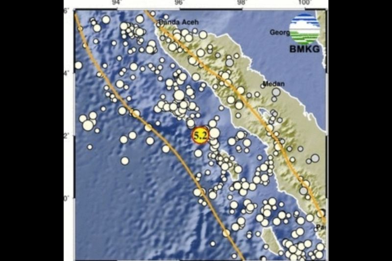 Peta gempa magnitudo 5,2 yang mengguncang wilayah Sinabang, Aceh pukul 08.33 WIB, Senin (20/2/2023). (ANTARA/HO-BMKG)