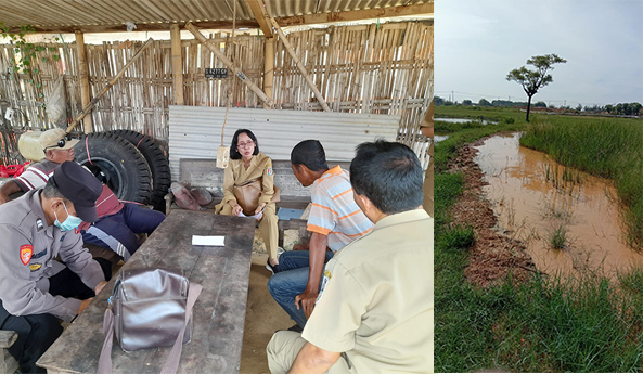CEK LAPANGAN: Petugas Dinas Lingkungan Hidup dan Perhubungan (DLHP) Tuban mendatangi perusahaan pasir kuarsa yang diduga mencemari lingkungan kemarin (28/3). Insert, lahan sawah yang tercemari limbah pasir kuarsa. (DLHP Tuban untuk Radar Tuban)
