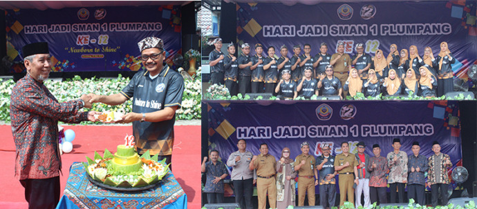 BERSAMA BESARKAN SMANSAP: Foto kanan atas, Kasi SMA PK PLK Cabdin Pendidikan Provinsi Jatim Wilayah Bojonegoro – Tuban Maskun bersama keluarga besar SMAN 1 Plumpang. Foto kanan bawah, KOMPAK BERKOLABORASI: Kepala SMAN 1 Plumpang foto bersama Forkompimka P