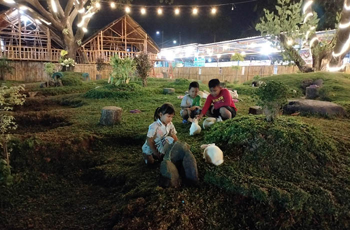 BIKIN BETAH: Beberapa pengunjung anak-anak bermain dengan kelinci di wisata Taman Kelinci di Desa Kepulungan, Kecamatan Gempol, Kabupaten Pasuruan. Saat malam hari, suasana Taman Kelinci makin asyik dan kerlap-kerlip lampu.