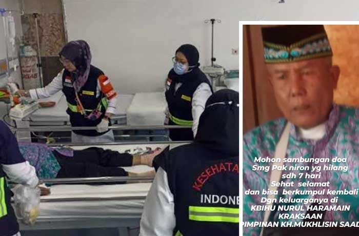 Petugas kesehatan saat mencari Niron di sejumlah RS di Mina. Inset Niron yang hingga Kamis (6/7) belum diketahui keberadaannya.