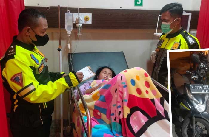 APES: Korban MG saat dirawat di RS Prima Husada, Sukorejo. Inset motor korban diamankan. (Poslantas Pandaan for Radar Bromo)