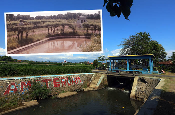 SEJAK 1923: Kawasan Dam Amsterdam yang awalnya dibangun Belanda untuk saluran irigasi lahan tebu, hingga kini masih dimanfaatkan untuk pembagi irigasi sawah warga. Inset, seorang warga merapikan tanaman di kawasan Dam Amsterdam pada medio 80-an.
