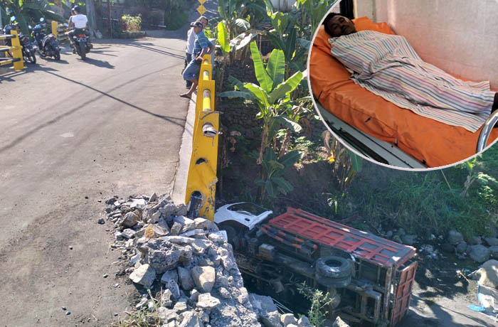DALAM: Truk yang nyemplung sungai di Dusun Barsari, Desa Gambiran, Kecamatan Prigen. Inset, sopir truk yang harus mendapat perawatan karena luka-luka.
