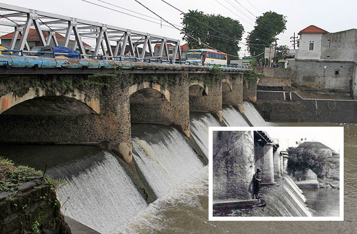 Jembatan Kedunglarangan di jalur Surabaya-Bangil. Sisi utara jembatan merupakan bangunan di era penjajahan Belanda, sementara sisi selatan bangunan baru. Inset, jembatan dipotret sekitar tahun 1947.