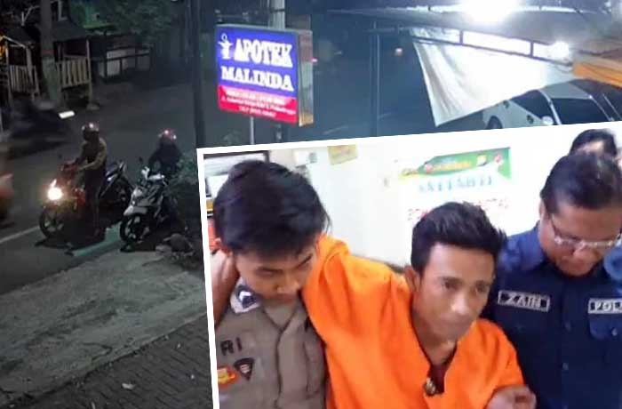 Rekaman CCTV menunjukkan saat pelaku beraksi menggarong motor di depan Apotek Malinda. Inset pelaku dibopong petugas untuk jalan usai kakinya ditembak.