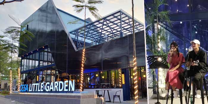 TEMPAT NONGKRONG ASYIK: Cesa Little Garden cafe and resto baru di Pandaan yang menyajikan lokasi estetik dan menu menggugah selera. Insert, Tri Suaka dan Nabila saat memeriahkan soft opening.