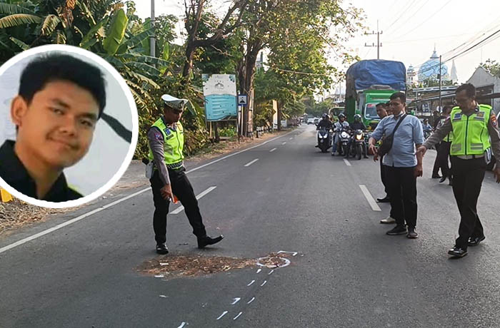 NAHAS: Petugas Unit laka lantas Polres Pasuruan saat melakukan olah TKP di Jalan Raya Wonorejo, Desa Wonorejo, (29/7). Inset, korban semasa hidup.