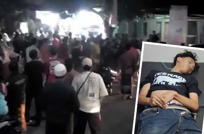 BENTROK: Kericuhan antara sejumlah suporter Jetak Putra dan warga Bulukandang usai laga, Selasa malam (1/8). Inset salah seorang suporter saat dirawat.