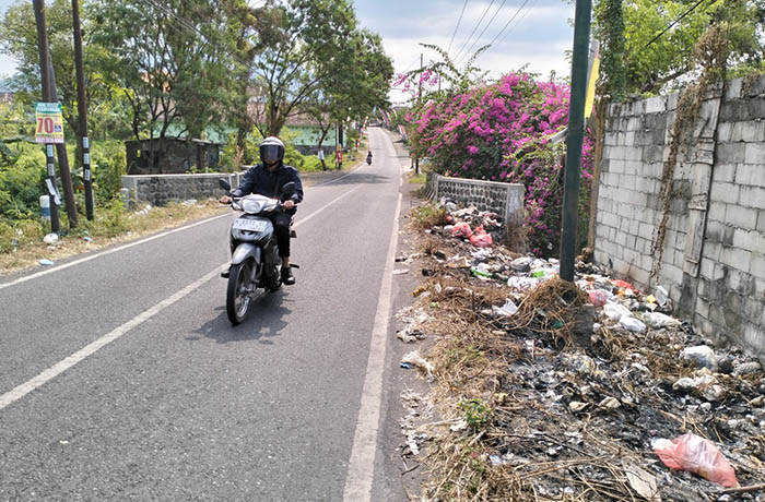 DIKELUHKAN: Kondisi tepi jalan perbatasan Dusun Kemisik dan Kedondong yang dipenuhi sampah, saat dipotret kemarin.