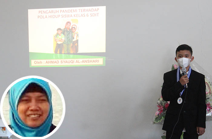 PRESENTASI: Seorang siswa SDIT Alam Permata menyampaikan hasil penelitiannya. Inset, Yanti Afri Handayani, Kepala SDIT Alam Permata.