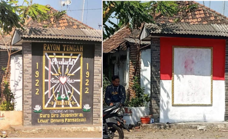 SEBELUM-SESUDAH: Tugu perguruan silat sebelum dibongkar dan dialihfungsikan. (Bakesbang for Jawa Pos Radar Bromo)