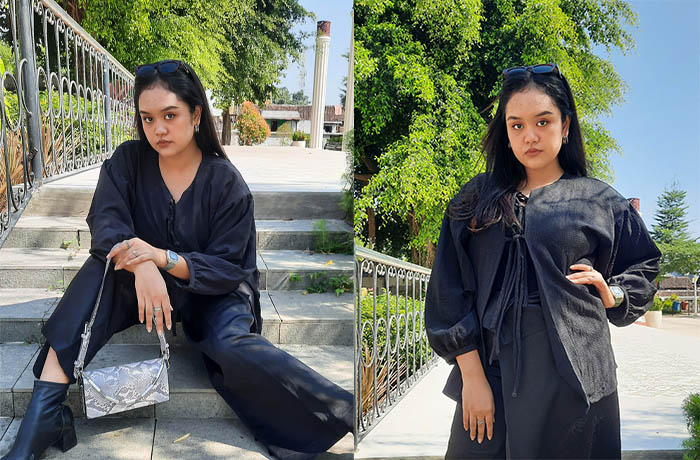 SERBAHITAM: Izza Machrusa Syahab, dengan outfit bernuansa dark tone. Fahrizal Firmani/Jawa Pos Radar Bromo