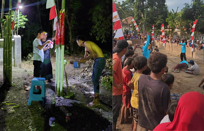 MERIAH: Sejumlah warga mengikuti lomba tarik tambang dalam memeriahkan HUT Kemerdekaan ke-78 RI di Desa Kalikajar Wetan.