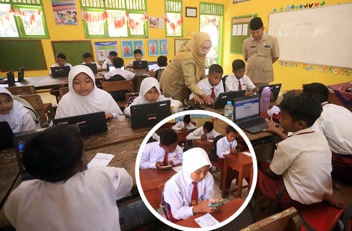 SAMA-SAMA LANCAR: Uji coba pelaksanaan simulasi ANBK berlangsung lancar di ratusan SD negeri dan swasta di Kabupaten Probolinggo, Senin (28/8). Baik yang menggunakan PC atau Chrome Book, maupun HP.