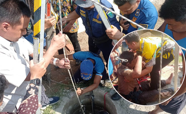 BERHASIL: Petugas Damkar Kabupaten Pasuruan berhasil mengeluarkan pelajar yang nyemplung ke sumur di Desa Wrati, Kecamatan Kejayan, Jumat (1/9). Inset, pelajar yang berhasil diselamatkan.