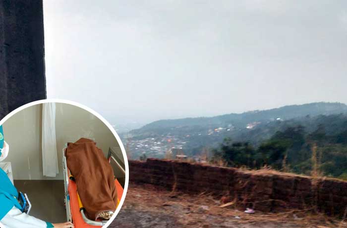 TKP: Lokasi lantai 2 vila kosong tempat korban lompat. Inset jenazah korban saat dibawa ke kamar jenazah.