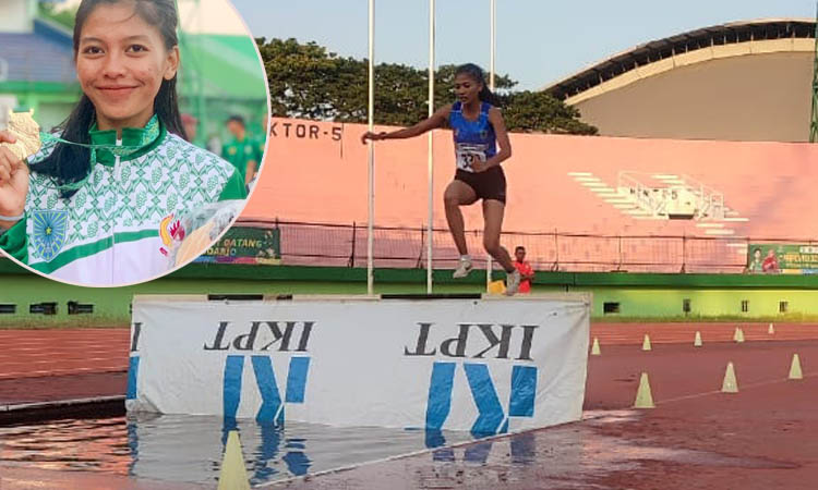 SUMBANG DUA: Mila Karmila saat berlomba di nomor Lari Halang Rintang 3.000 meter. Inset, Mila saat membawa medali dan maskot Porprov VIII Jatim.