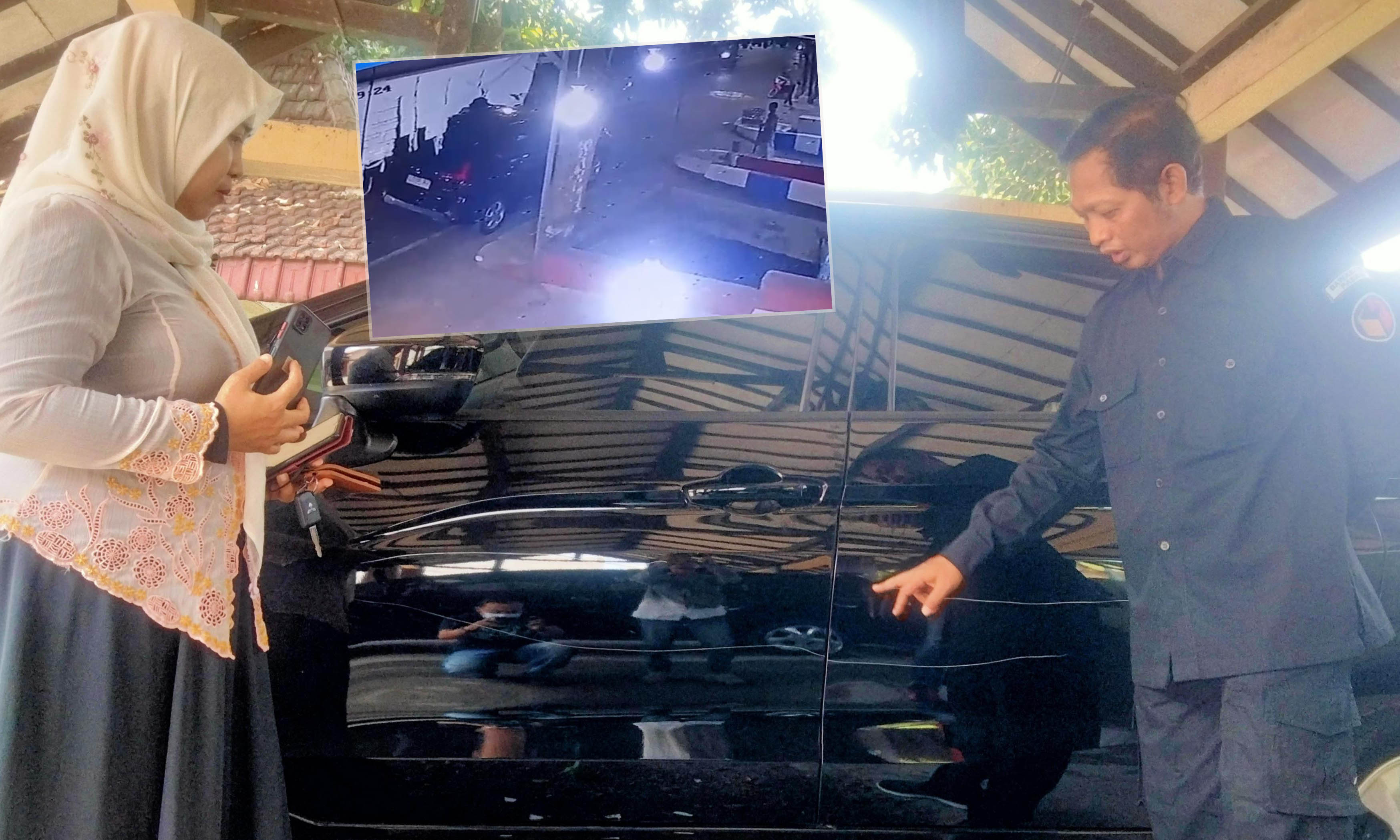DISENGAJA: Mobil milik Ketua Bawaslu Kota Pasuruan Vita Suci Rahayu yang tergores. Inset, aksi pelaku yang terekam saat merusak mobil.