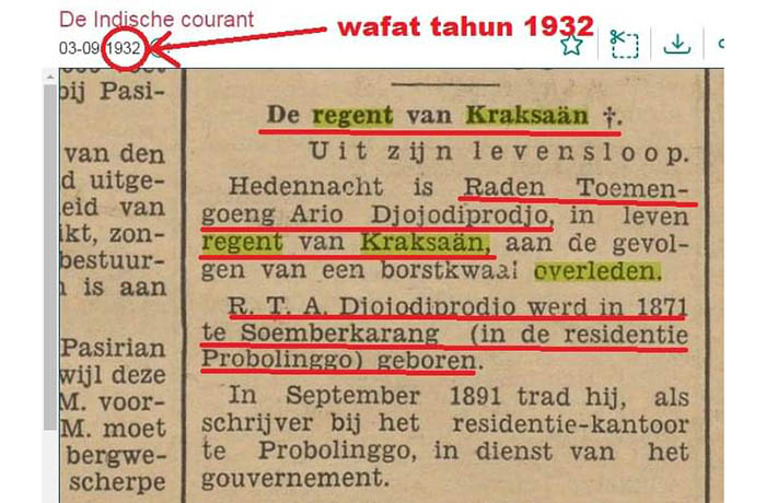 PENGUMUMAN: Berita di koran yang memuat kematian Bupati Kraksaan kala itu.