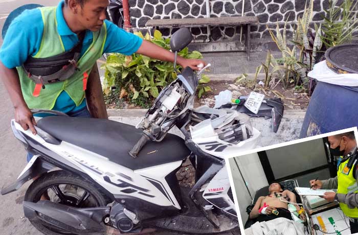 RINGSEK DEPAN: Kondisi Yamaha Mio Soul milik korban ringsek bagian depannya usai menabrak PJU di Desa Tawangrejo, Pandaan, (27/9). Inset korban saat dirawat.
