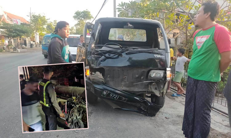 PESOK: Pikap yang rusak di bagian depan setelah menabrak motor di Jalan KH Ahmad Dahlan, Minggu (1/10) pagi. Inset, motor korban yang rusak setelah tabrakan.