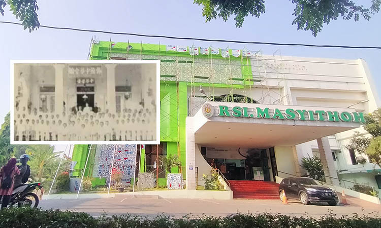 MEGAH: Kondisi gedung RSI Masyitoh yang kini berdiri megah di Jalan Ahmad Yani, Bangil. Inset, di tempat yang sama dulu merupakan sekolah etnis Tionghoa yang terkenal.