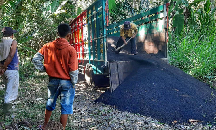 SEGERA DIBANGUN: Sejumlah pekerja menurunkan material bangunan di ruas jalan RT 12/RW 6, Dusun Cangkring Barat, Desa Pandanlaras. Jalan ini akan segera dibangun.
