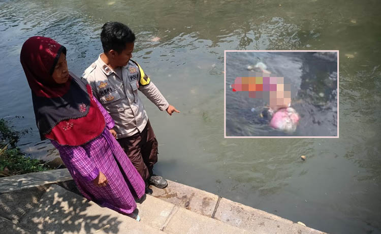 LOKASI: Polsek Banyuanyar melakukan olah TKP di sungai. Tempat biasa yang dipakai untuk mandi dan wudu korban. Inset, Jenazah korban sebelum dievakuasi.