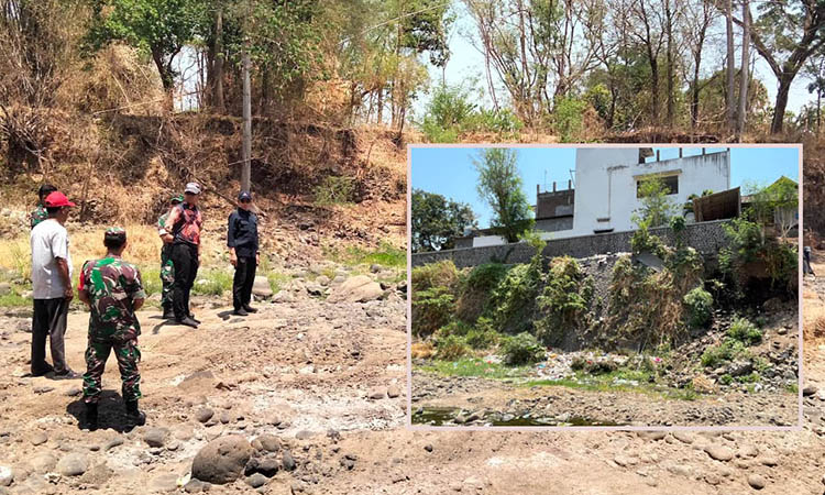 IKUT TURUN: Dandim Pasuruan berada di lokasi selama tim DLH Jawa Timur mengambil sampel air di Sungai Welang.&nbsp;Inset, sampah yang dibuang di sungai.