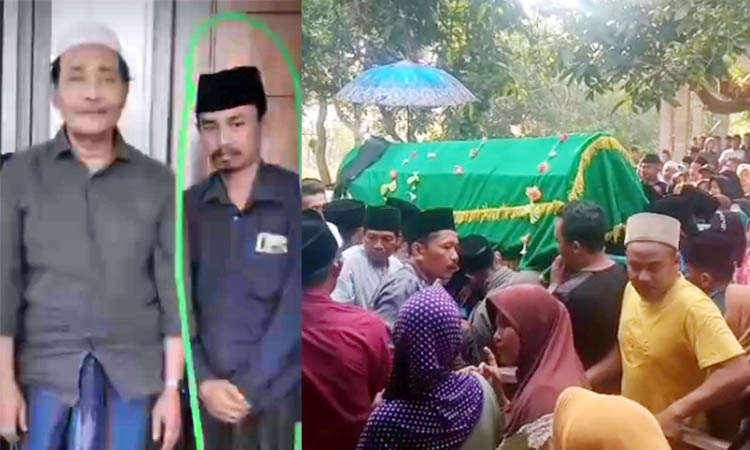 BERDUKA: Suasana duka menyelimuti saat pemakaman Kades Budi Santoso. Ratusan warga mengantar Budi ke peristirahatannya yang terakhir. Inset korban semasa hidup berpose bareng Kiai Mutawakkil Alallah.