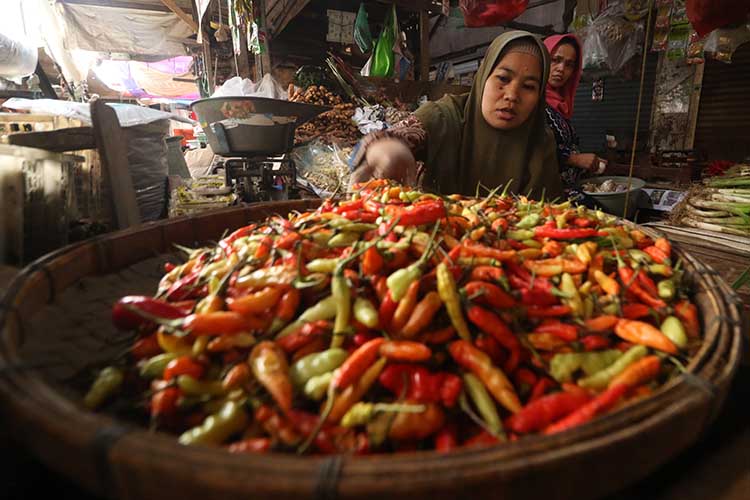 BUMBU DAPUR: Seorang pedagang bumbu dapur di Pasar Besar saat meladeni pembeli, beberapa waktu lalu. Beberapa hari terakhir, harga cabai rawit meroket. Tembus Rp 80 ribu per kilogram. (Mokhamad Zubaid
