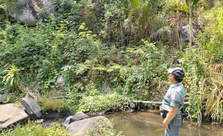 TERTUTUP SEMAK: Kades Pakukerto Surateman menunjukkan Gua Gampeng sebagian tertutup pepohonan. Gua Gempeng berada di tepian sungai, Dusun Kemiri, Desa Pakukerto, Kecamatan Sukorejo.