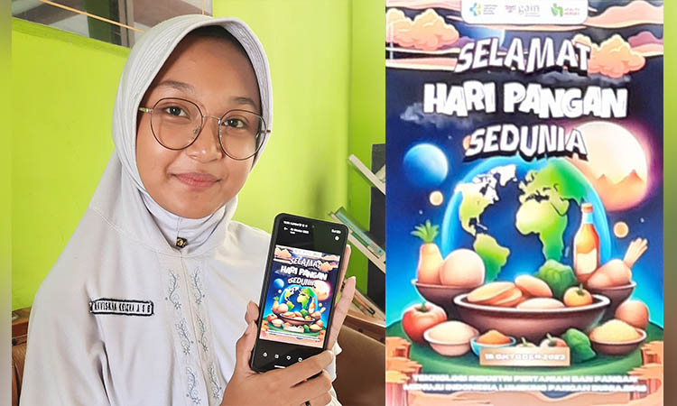 MENANG: Keizha Aurora Salsa Billa menunjukkan poster digital buatannya. Poster ini mengantarkannya menjadi juara pertama lomba Content Challenge memperingati Hari Pangan Sedunia yang digelar Kemenkes.
